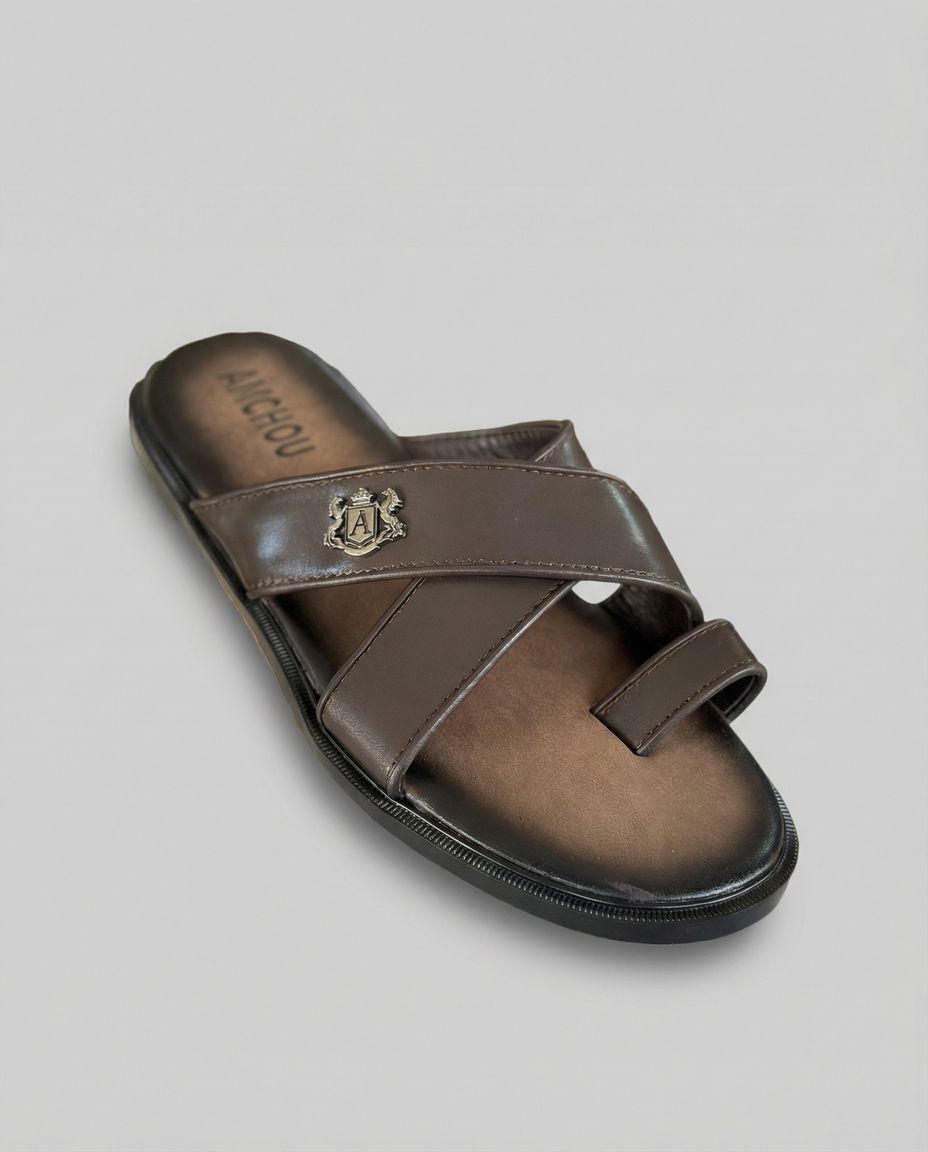 Sandale Homme en Cuir Marron à Talon Rasé Sandale Homme en Cuir Marron à Talon Rasé